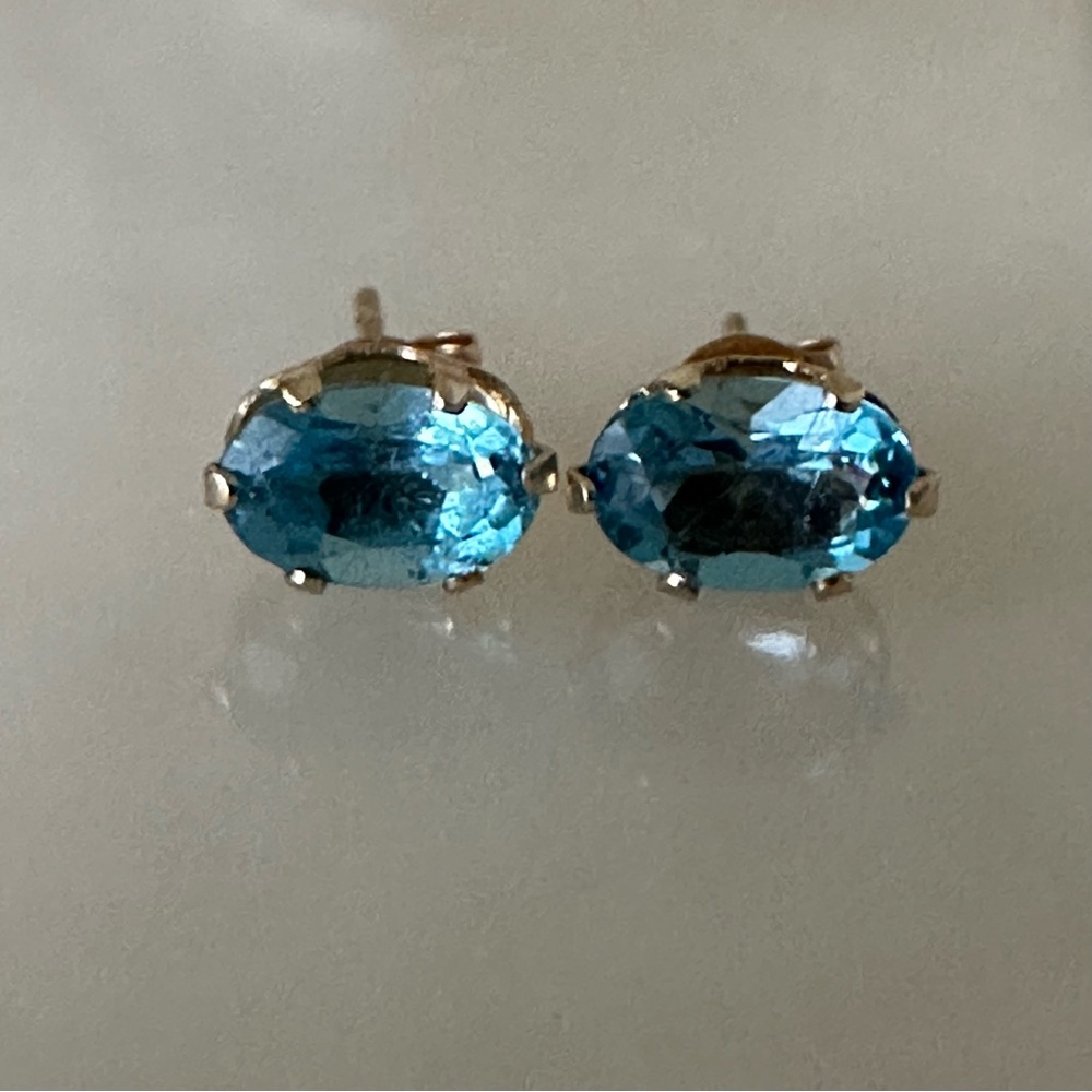 14k Solid Gold Blue Topaz Oval Post Earrings